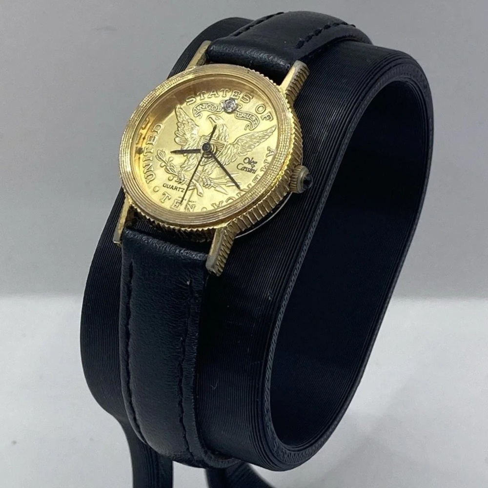 Gold Coin Face Black Leather Watch